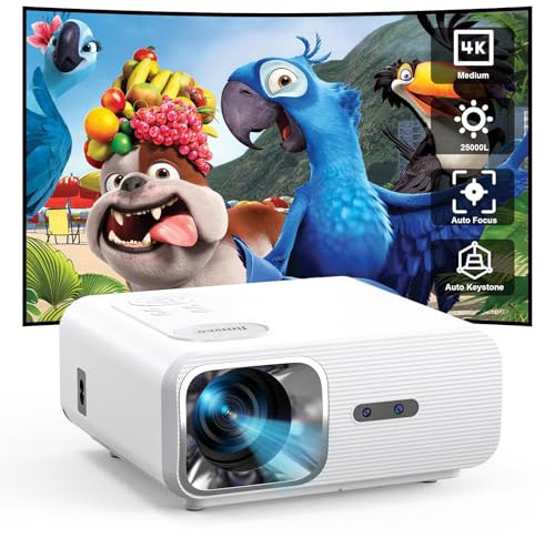 Jimveo 4K Beamer Mit KI Auto Fokus, 4D Trapezkorrektur, 25000L Full HD 1080P, WiFi6, Bluetooth, Smart Projector, 50% Zoom, 300'' Display, LED Outdoor Handy Projektor