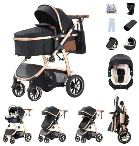 Zkiprm 3 in 1 Kinderwagen, Reisesystem, Buggy & Sportsitz, Höhenverstellbare Armlehnen und Kinderwagen mit Aluminiumgestell/Mumientasche/Moskitonetz/Baumwollmatte, für Neugeborene 0-4 Jahre