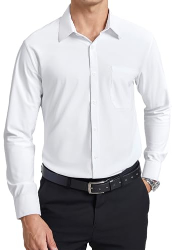 Enlision Camisa Blanca Hombre Manga Larga Camisa Stretch Sin Plancha Cuello con Botones Ajuste Regular Formal Negocios Oficina con Bolsillo 3XL