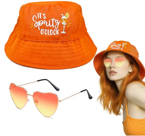 TUONYIS 2 Stück Orange Fischerhut Anglerhut Retro Brillen in Herzform, Aperol Kostüm Damen Karneval Kostüm, Party Hut, Dance Dress Up Party Zubehör