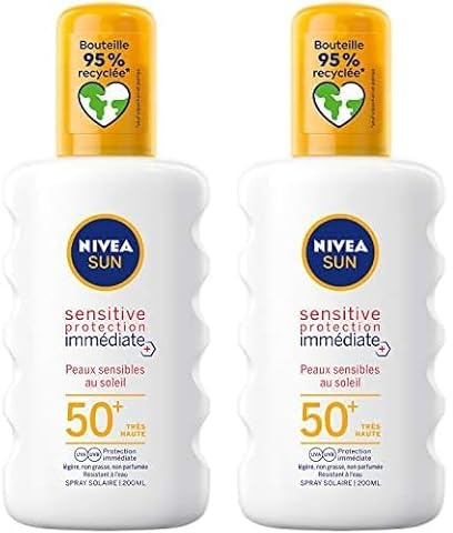 NIVEA SUN Sonnenspray Sensitive Sofortschutz LSF 50+ (1 x 200 ml), Sonnenschutz geeignet für empfindliche Haut, leichter & fettfreier Sonnenschutz (Packung mit 2)