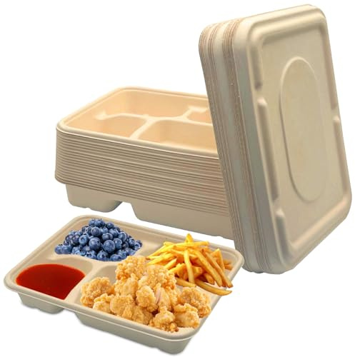 La Llareta Scatola Bento 4 Scomparti, 20 Pezzi 1100ml Contenitori Monouso per Alimenti con Coperchio di carta, Biodegradabili per Pranzo, Asporto e Picnic