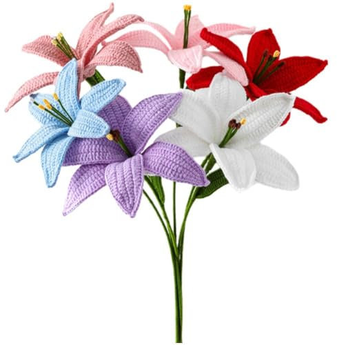 Glixoft 6 Pezzi di Fiori di Giglio all'Uncinetto con Foglie E Stelo Fiori di Giglio Artificiali Bouquet di Giglio Lavorato a Maglia per Decorazioni Tavolo per Matrimoni Domestici