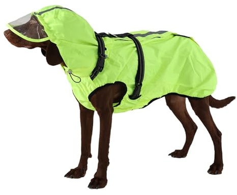 OUOBOB Hunderegenmantel wasserdicht, Regenjacke mit reflektierenden Streifen, H-Brustgeschirr (D-Ring) & Abnehmbarer Kapuze mit Visier, Ideal für mittelgroße/große Hunde [Neon Grün, Größe 2XL]