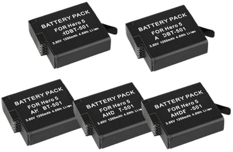 1250mAh Rechargeable Battery Black Battery - Compatible With AHDBT 501 - Compatible With GoPro Hero 5 Hero 6 Hero 7(5PCS)