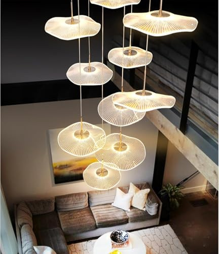 AiPaiTe Extra Long Stairwell Chandelier, Large Multi-Tier Modern Gold Hanging Pendant Light for Tall, Dimmable Linear Spiral Lotus Leaf LED Lamp for Luxury Foyer, Staircase&Villa Lighting(5 Light)