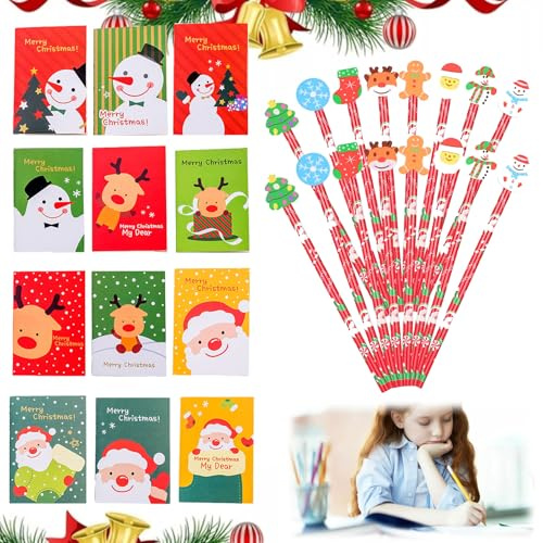 12 Pezzi Natale Matite+12 Pezzi Mini Quaderni di Natale,Set di matite con Gomma,Gadget Natalizi Bambini,Pensierini Natalizi Divertenti,per Festa Battesimo, Regali di Riempitivi (Colore/Stile Casuale)