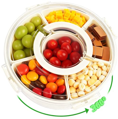 LIAILA Snackbox mit fächern 6, Snackteller mit deckel und Griff runde Snack, Abnehmbare Snack box mit fächern, Spülmaschinenfest, Snackteller dient zum Ordnen von Snacks, Süßigkeiten, Keksen, Nüssen