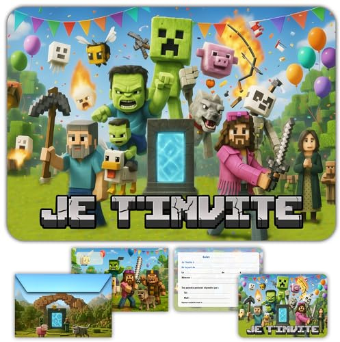 Glowiibo Fun4kid 12 x Cartes Invitation Anniversaire Jeux Video avec Enveloppes Assorties - Idéal Enfant Garçon Ado - Cartons Préremplis en Français pour Fête et Anniversaire - fun4kid