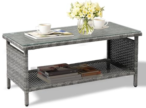 VINGLI Outdoor Wicker CoffeeTable Patio Coffee Tables for Outside, Tempered Glass Top Wicker Table with Storage Coffee Table for Patio Balcony Porch Deck (Gray)