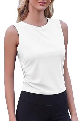 PINSPARK Damer sport linne ribbad sömlös ärmlös crop top lätt fitness yoga tröja sommar sporttopp, Vit, S