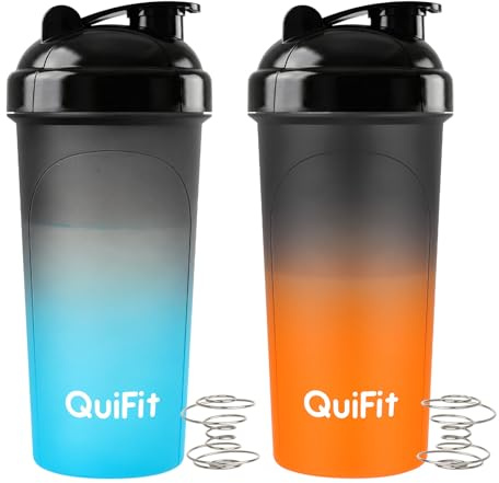 QuiFit Protein Shaker Bottle 2 Pack, 700ML Shaker Water Bottle with Stainless Steel Mixing Ball, Shaker Cup for Supplement Powder Smoothie, Lump-Free BPA Free Dishwasher Safe (BlackOrange+BlackBlue)