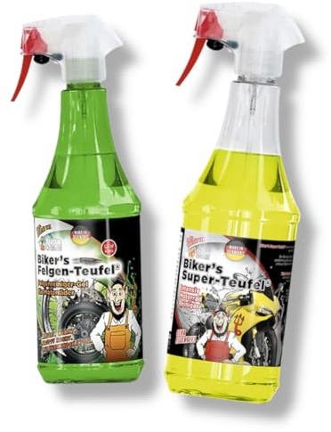 Tuga Chemie Motorradpflege Set Motorrad Reiniger Set - 1x Tuga Bikers Felgenteufel Motorrad Felgenreiniger 1L + 1x Tuga Chemie Biker’s Super Teufel Motorrad Alles Reiniger 1L + Sticker
