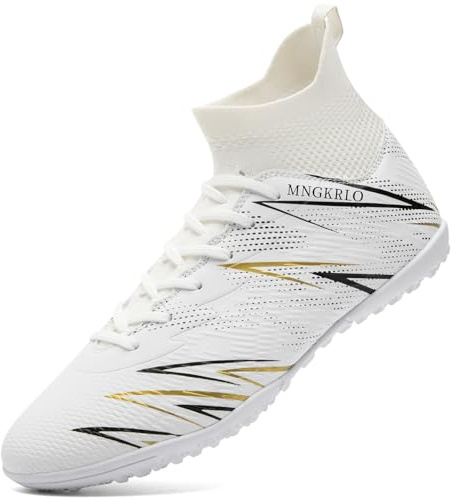 PiDaGlobal Scarpe da Calcio Uomo Donna con Tacchetti Scarpe da Calcetto TF Multitacchetti per Prato Artificiale Futsal Antiscivolo High Top Junior Allenamento Indoor Outdoor 44EU Bianco