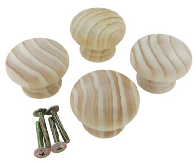 Merriway BH02561 (4 Pcs) Unlacquered Pine Wooden Cupboard Cabinet Door Knob, 45mm (1.3/4 inch) with Bolt and Insert - Pack of 4 Pieces