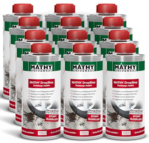 MATHY-DropStop Dichtungs-Additiv, 12 x 250 ml, Hochwirksames Öl Additiv | Stoppt Ölverlust im Motor, Getriebe, Hinterachsen & Servolenkungen, Motoröl- und Getriebeöl-Zusatz regeneriert Dichtungen