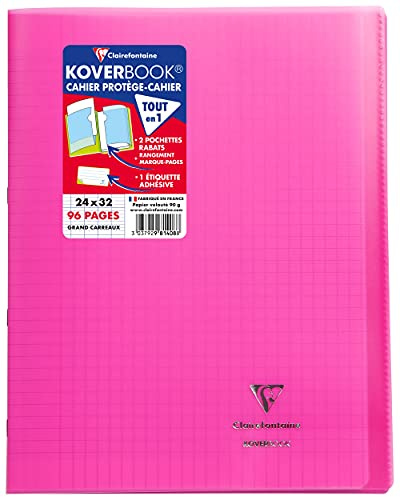 Clairefontaine 981408C – skolhäftapparat/anteckningsbok DIN A4 24 x 32 cm 48 ark 90 g, fransk linjatur, omslag av transparent polypropen, robust, häftad, rosa, 1 st