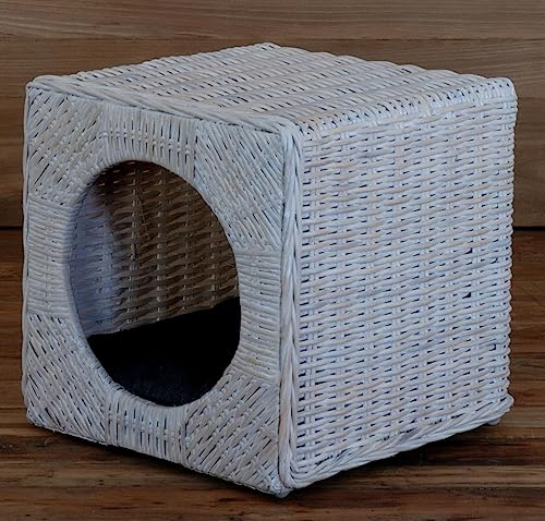 Korb-Outlet Katzenhöhle Katzenkorb RattanKatzenbett inklusive Polster/Tierkorb Kubus Katze (Vintage Weiss)