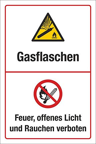 Schild Gasflaschen Gas Feuer Licht Rauchen verboten 300 x 200 mm | 3 mm Alu-Verbund, wetterfester UV-Direktdruck, robust und langlebig, Made in Germany