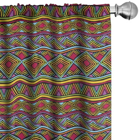 Ambesonne African Window Curtains, Colorful Diamond Motifs with Angled Lines Lively Palette Geometric Borders, Lightweight Decorative Panels Set of 2 with Rod Pocket, 56 x 95, Red Yellow