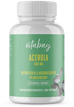 Vitabay Acerola 660mg | 120 vegane Kapseln | Natürliches Vitamin C | Ohne unerwünschte Zusätze | Laborgeprüft & hergestellt aus hochwertigen Rohstoffen