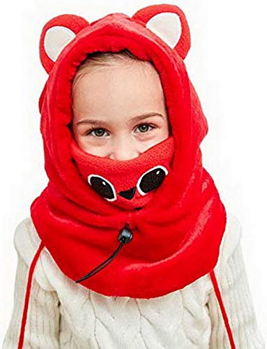 Fancyland Unisex Kinder Winter Mütze Jungen Mädchen Kapuzenschal, 5 in 1 Hut mit Warmen Schal Ski-Outdoor Sport Winter Schlupfmütze Cap 4-15 Jahren (Red Fox)