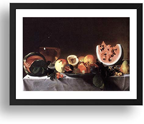 Péniod Prints PENSIONANTE del Saraceni: Fruits et une carafe de vin blanc, art vintage, reproduction A2 dans cadre noir 24x17 pouces