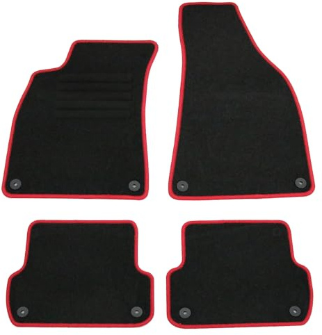AD Tuning Fußmatten für Audi A4 B6/B7 8E inkl. Avant (02/2001-03/2008) | 4-teilig, 100 % passgenau, Textil, Schwarz, rote Randkettelung, mit Druckknopf Befestigung vorne und hinten