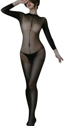 RUIBAVYA Damen Sexy Strumpfhosen Langarm Body Shaping Catsuit Ouvert Strumpfhose Nylon Einteilige Unterwäsche Overall Bodystocking