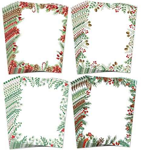 AnyDesign 60Pcs Christmas Stationery Paper 4 Design Christmas Green Plants Border Letterhead Winter Decorative Writing Paper for Xmas Notes Greeting Cards Invitation Office School Printing, 8.5 x 11