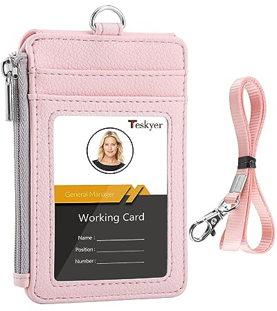 Teskyer Ausweishülle mit Band, mit Reißverschluss, PU Leder, 1 durchsichtiges Ausweisfenster und 3 Kartenfächer, Licht Rosa