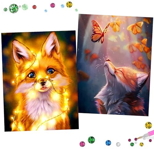 Uirheurd Diamond Painting Fuchs 2 Stück DIY 5D Diamant Malerei Kit für Erwachsene und Kinder - Fuchs mit Schmetterling und Lichterkette - 25 * 35cm