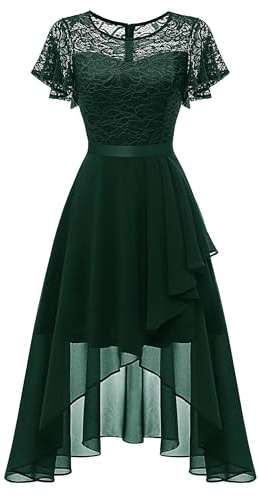 Wedtrend Abito da sera da donna elegante abito da cocktail alto basso abito da ballo con pizzo linea A per matrimonio abito corto festa donna linea A abito Vokuhila, verde scuro, XS