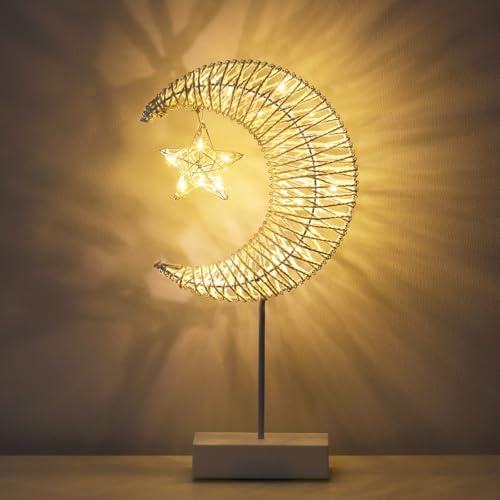 Lewondr Tischlampe, Dekorativ LED Nachttischlampe Batteriebetrieben Weihnachtsdeko Mond Stern Schreibtischlampe, Ramadan Tischdeko Warmweiß Weihnachtsbeleuchtung für Weihnachten Neujahr Zuhause, Weiß