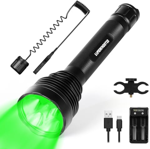 LUMENSHOOTER S20G Luz de caza, 2000 lúmenes, extremadamente brillante, linterna verde claro, luz verde para ciervos de caza, coyotes, mapaches, cerdos, mentas