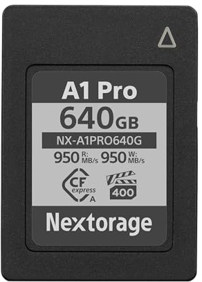 Nextorage 640GB CFexpress Type A VPG400 pSLC Japanese brand Max. write 950MB/s Max. read 950MB/s Min. sustain write 850MB/s Sony Alpha series compatibility confirmed 4K/8K RAW memory card NX-A1PRO640G