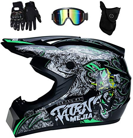 Full Face MTB Motocross Helmet Set, Youth Kid ATV Off Road Motorbike Crash Helmet, Downhill Enduro MX Quad Dirt Bike Helmet Protective Gear, with Goggles Mask Gloves (Color : Bright black green, Siz