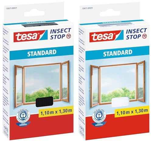 tesa Insect Stop STANDARD Fliegengitter für Fenster & Insect Stop STANDARD Fliegengitter für Fenster - Insektenschutz zuschneidbar - Mückenschutz ohne Bohren - 1 x Fliegen Netz weiß - 110 cm x 130 cm