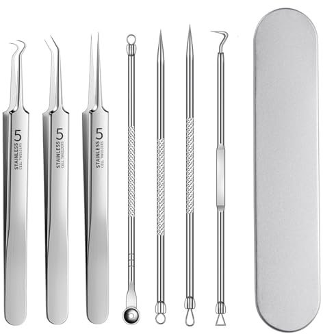 Henmeili 7 Pezzi Pulizia Viso Punti Neri Professione, H7 Pinzetta Blackhead Estrattore Strumento, Togli i Punti Bianchi e Le Macchie Acne Dal Viso, con Custodia in Metallo (7)