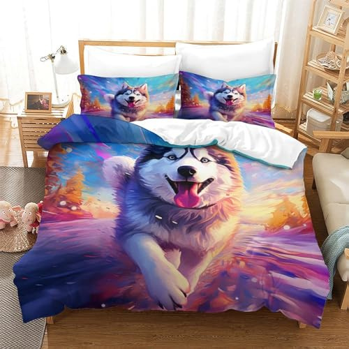 Husky Parure De Lit Housse De Couette avec Taies d'oreiller 3D Imprimé Literie en Microfibre,pour Adultes Enfants Filles avec Fermeture À Glissière 3 Pcs Single（140x200cm）