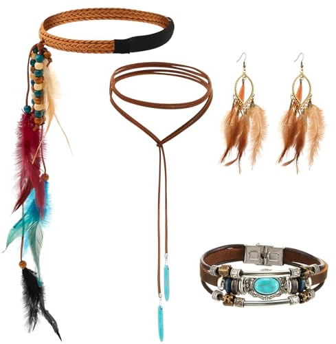 Otuuz 4 Vintage Indian Boho Karneval Accessoires Indianer Feder Stirnband Feder Ohrringe Lederhalskette Leder Wrap Cuff Armband für Frauen mit Hippie Tribal Mottoparty Schmuck