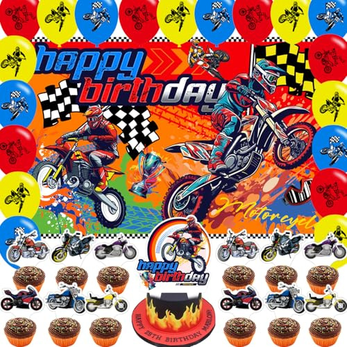 Motorcycle Birthday Supplies, Dirt Bike Birthday Decorations Motorcycle Theme Party Set Dirt Bike Party Cupcake Toppers Banner Backdrop Balloon etc Motocross Party Supplies for Boys