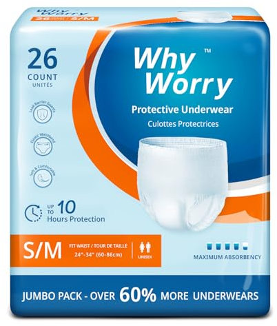 WhyWorry Incontinence Pants for Women and Men, Disposable Adult Pull Ups with Overnight Absorbency, Odor Control, Unisex, Small/Medium, 26 Count