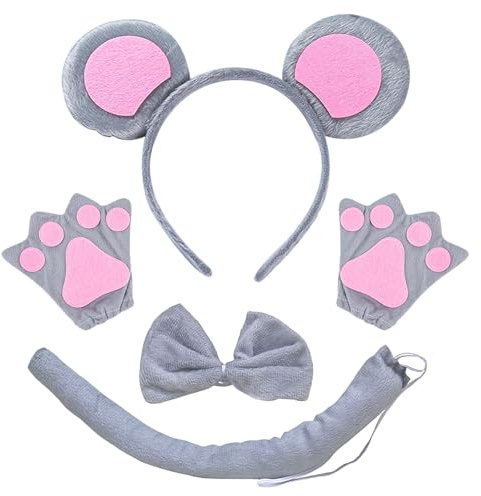 TSHAOUN 4 Pieces Animal Costume Set,Mouse Ears Headband Grey,Ears Headband Tail Bow Tie Gloves Dress Up Set,for Kids Birthday Party Carnival Cosplay Christmas Party Decoration Accessories
