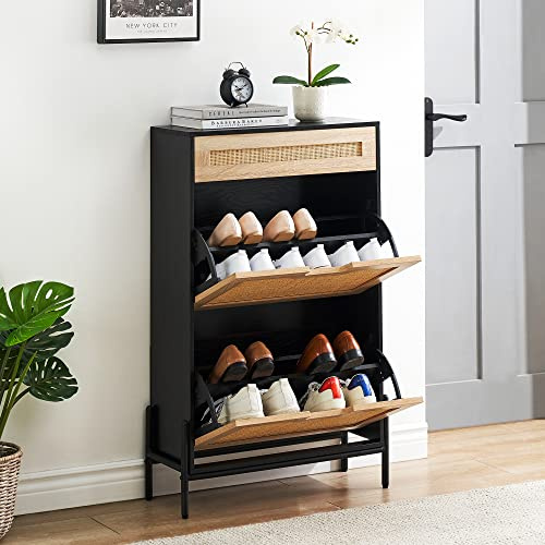 OPULENTHOME Schuhschrank Schmal Schuhregal Rattan, Schuhkipper mit 2 Klappen, mit 4 einstellbar Ablageflächen und Kippschutz-Set, Schuhkommode für Flur Eingang 102 x 24 x 61 cm