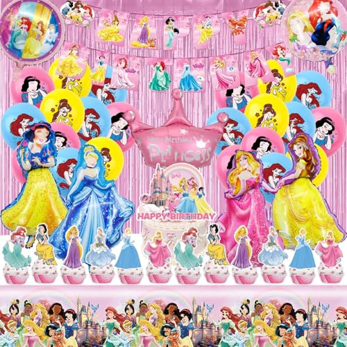 Princess Birthday Decorations 53pcs Girls Birthday Party Supplies, Decorations with Foil Balloons Banner Tablecloth Cake Topper for Kids Girls Theme Party Decorationsrls