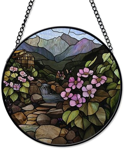Bergenia Himalayan Steps Suncatcher Window Hanging Handmade Stained Glass Suncatchers Decoration with Metal Chain Outdoor Garden Decor Gift for Women Christmas Thanksgiving SaOVem