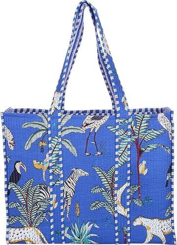 Bolsa de mano impresa 100% algodón para mujer, reversible, bolsa de mano acolchada elegante, azul, Medium