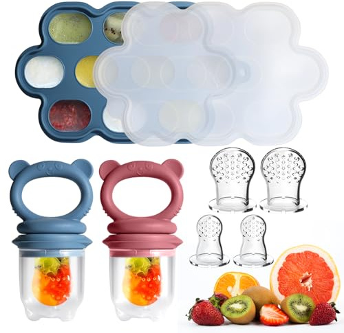Baby Food Feeder Set, 2 Packs Fruit Feeder & Breastmilk Popsicle Molds Freezer Tray with Lid, Silicone Fruit Feeder to Teething Relief, Introduce New Foods, Baby Feeding Essentials(Blue+Red)