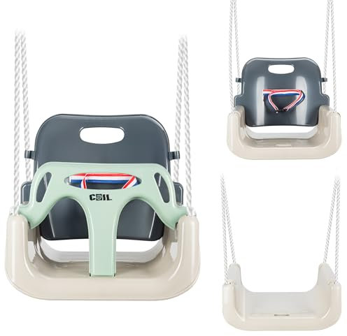 COIL Babyschaukel 3 in 1 Babysitz verstellbar und mit wachsend Schaukelsitz Gartenschaukel für Baby und Kinder mit Rückenlehne und Anschnallgurt belastbar bis 60kg (Olive)